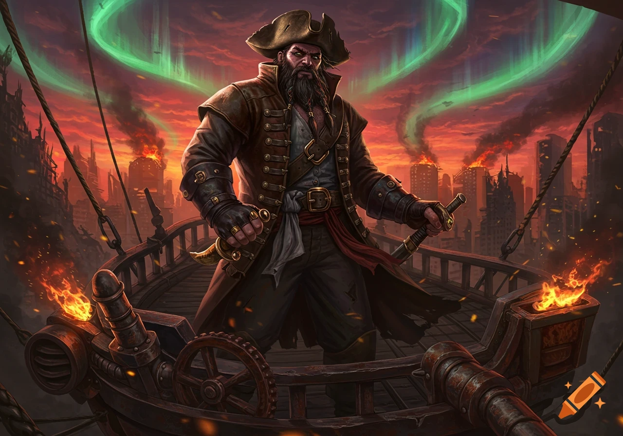 An imposing bearded pirate stands on a ship's deck with a burning post-apocalyptic city and green aurora in the background, digital art.