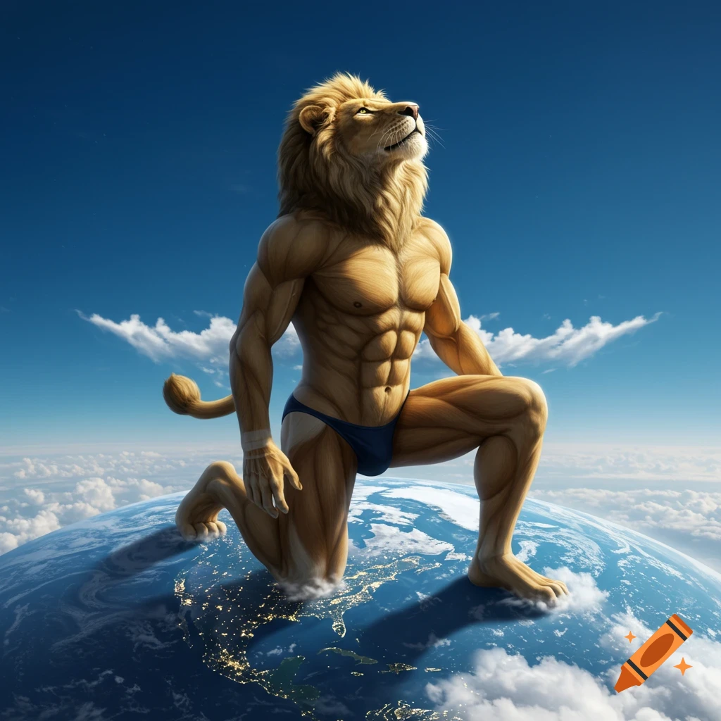 A gigantic photorealistic anthropomorphic lion in a speedo kneels on the Earth, looking up at the sky.