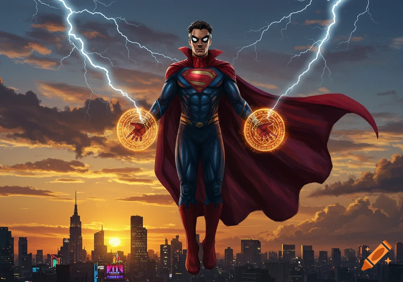 A powerful superhero, a fusion of Superman, Spider-Man, and Doctor Strange, floats above a city at sunset, emitting magical energy and lightning.