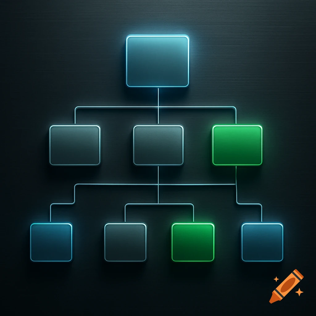 An organization chart with glowing rounded rectangles, some blue and some green, connected by lines on a dark textured background.
