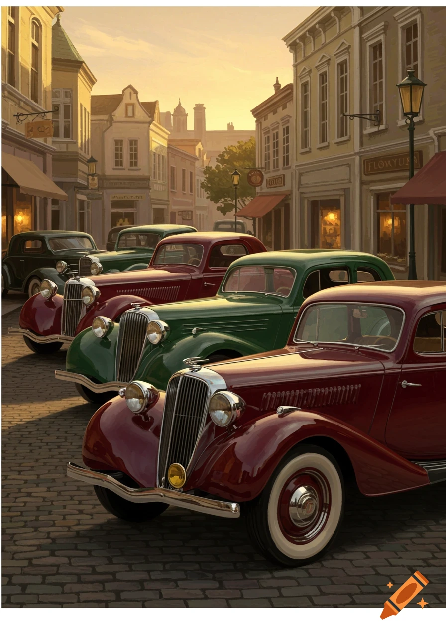 Illustrative painting of vintage cars parked on a cobblestone street in an old town at sunset.