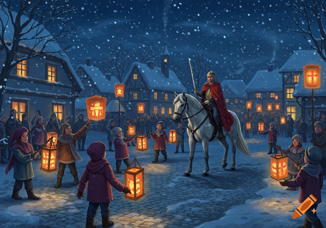A knight on a white horse, wearing a red cloak and holding a sword, leads a St. Martin's Day procession of children with lanterns in a snowy village at night.