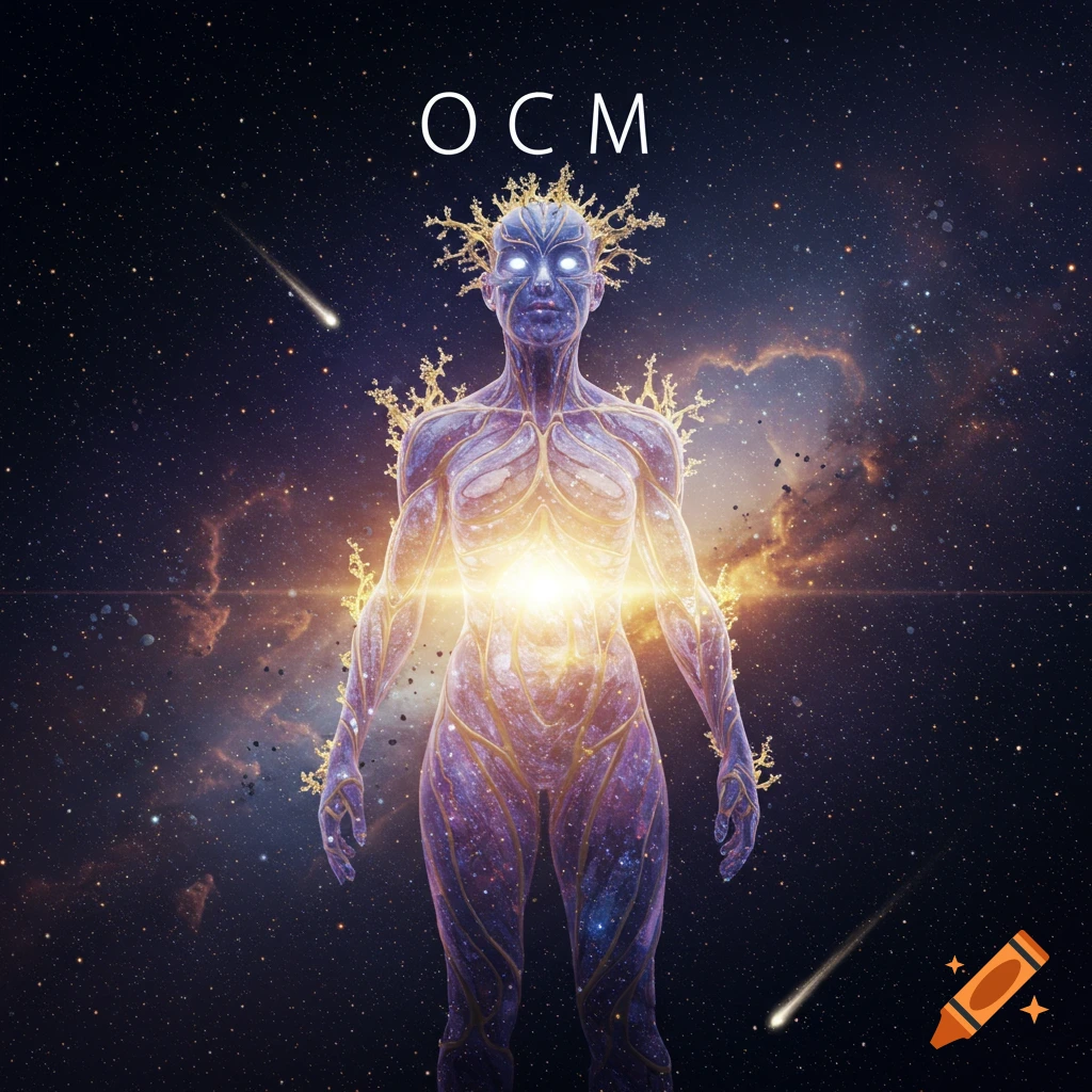 Cosmic humanoid with glowing eyes and chest, adorned with celestial patterns and golden tendrils, stands in a starry nebula. Text 'OCM' at top.