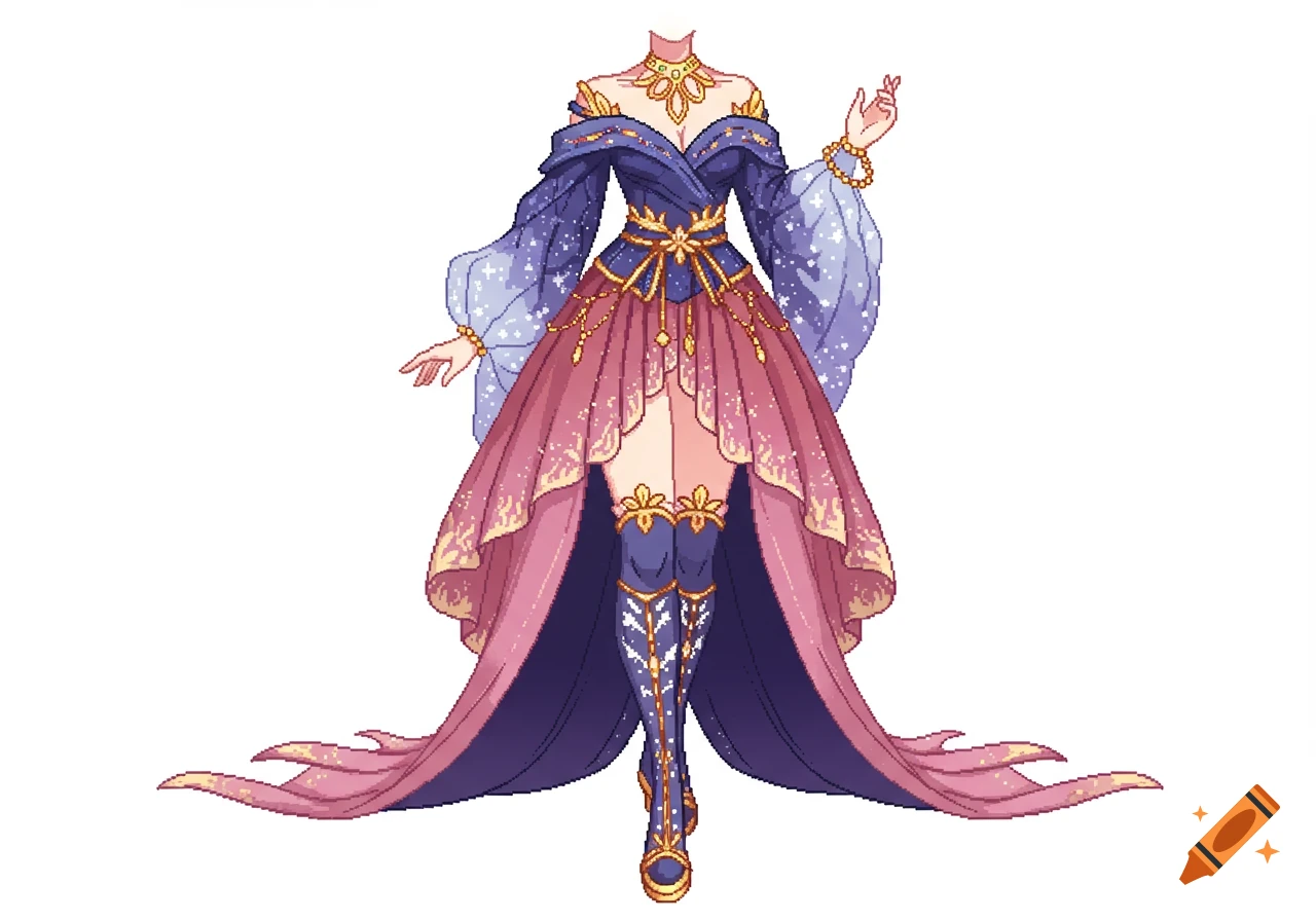 Pixel art of an ornate blue and pink fantasy dress with gold accents, flowing sleeves, and thigh-high boots, against a white background.