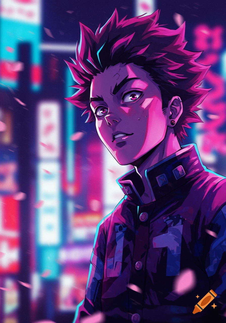 Anime male character with spiky dark hair and glowing pink eyes, wearing a dark jacket, in a vibrant neon cyberpunk city at night.