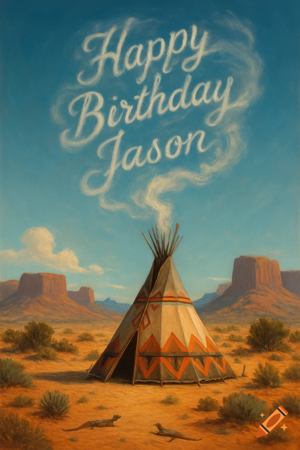 A painting of a teepee in a desert with red rock formations, smoke signals forming 'Happy Birthday Jason' in the sky.