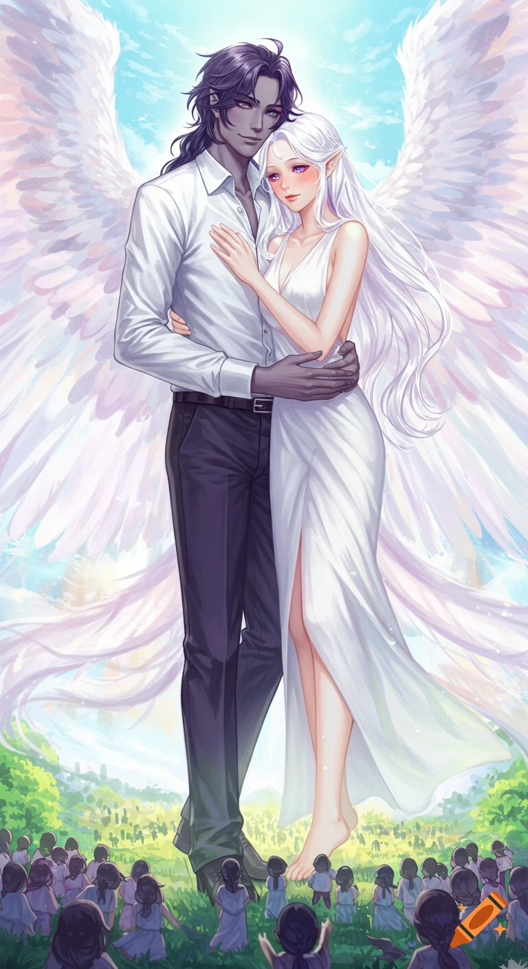 Anime style digital painting of a winged man embracing a white-haired elf woman, both looking down at tiny worshipers in a vibrant landscape.