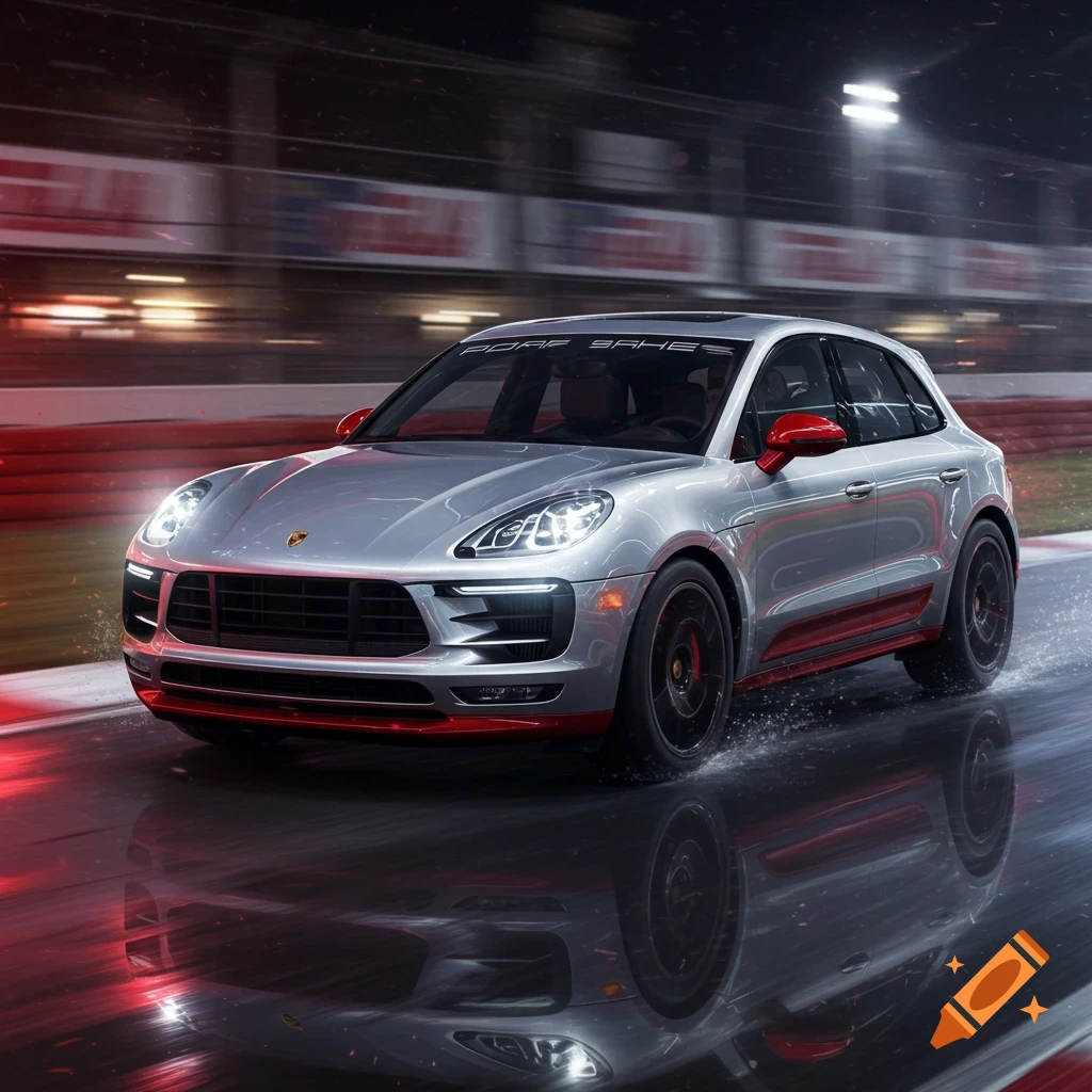 A silver and red Porsche Macan SUV races on a wet track at night, headlights on, with motion blur.