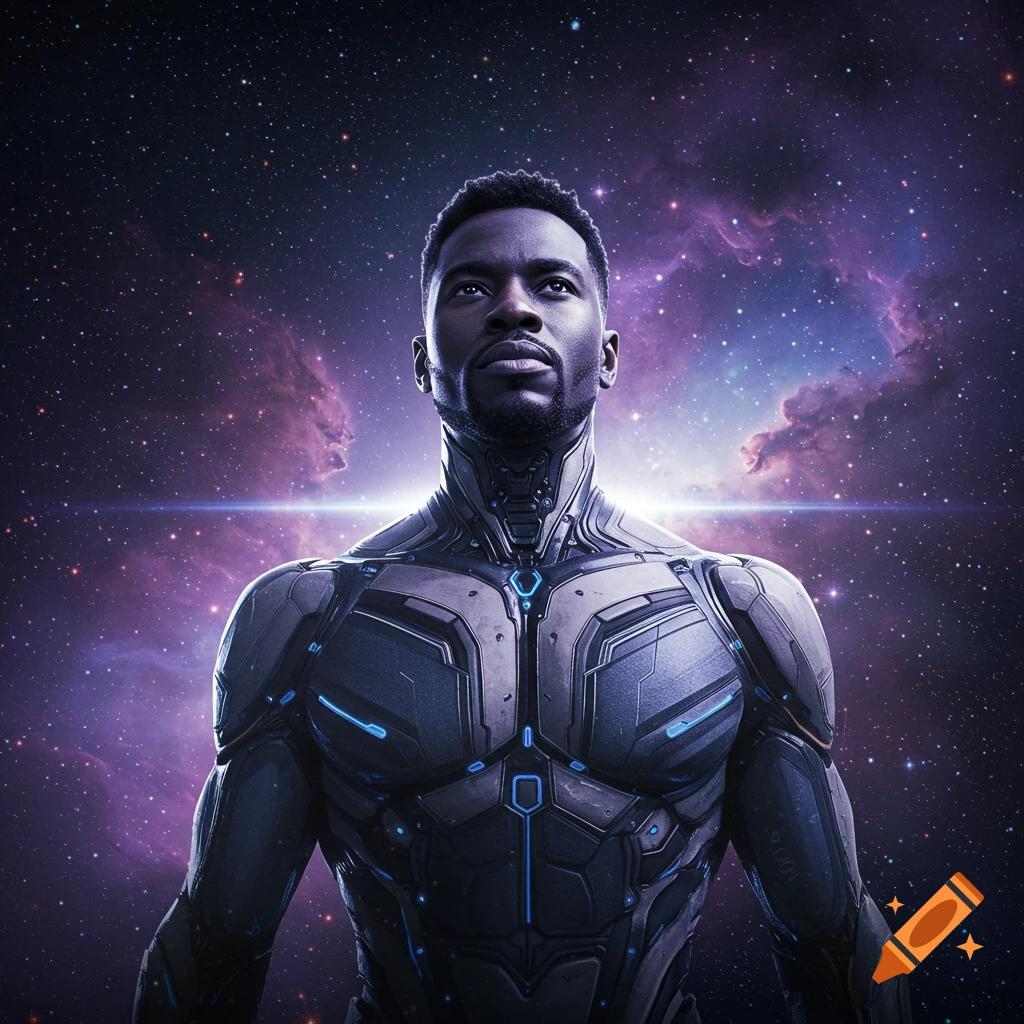 A photorealistic portrait of a Black man in a dark, sleek futuristic suit with blue lights, looking up against a starry nebula background.