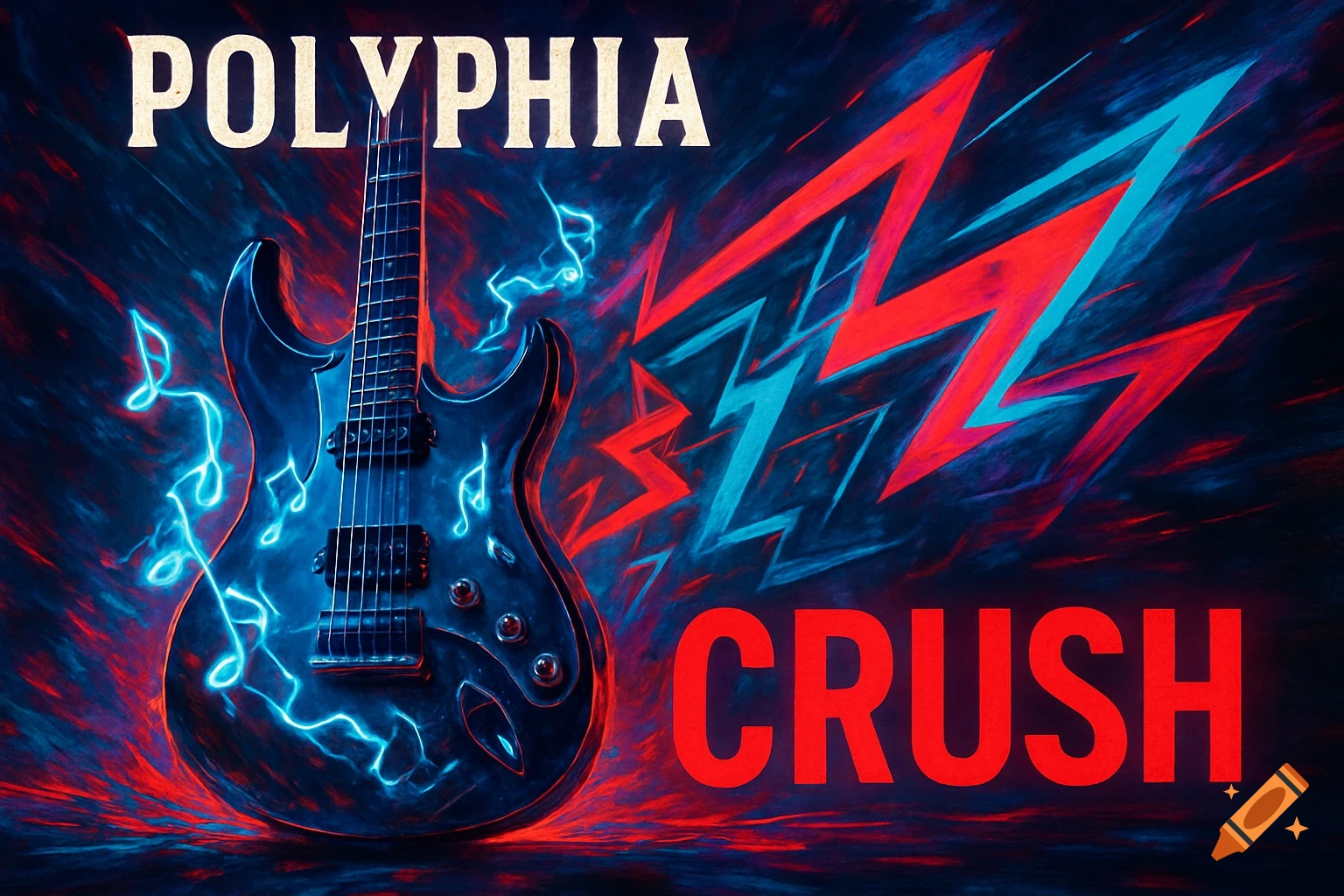 A stylized electric guitar with glowing musical notes, surrounded by red and blue lightning, with 'POLYPHIA' and 'CRUSH' text.