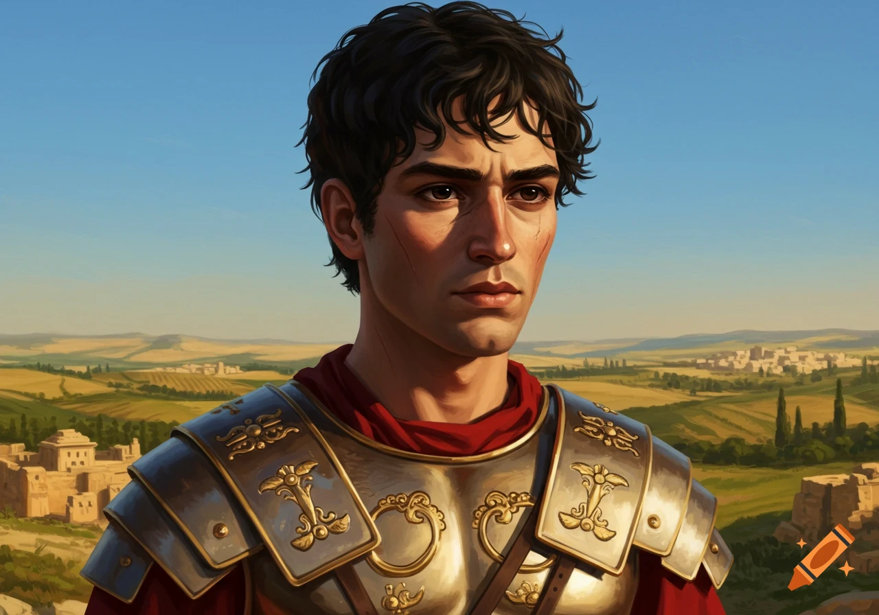 Young Roman soldier with dark curly hair and a scar, wearing ornate armor, overlooking a valley with ancient buildings, digital painting.