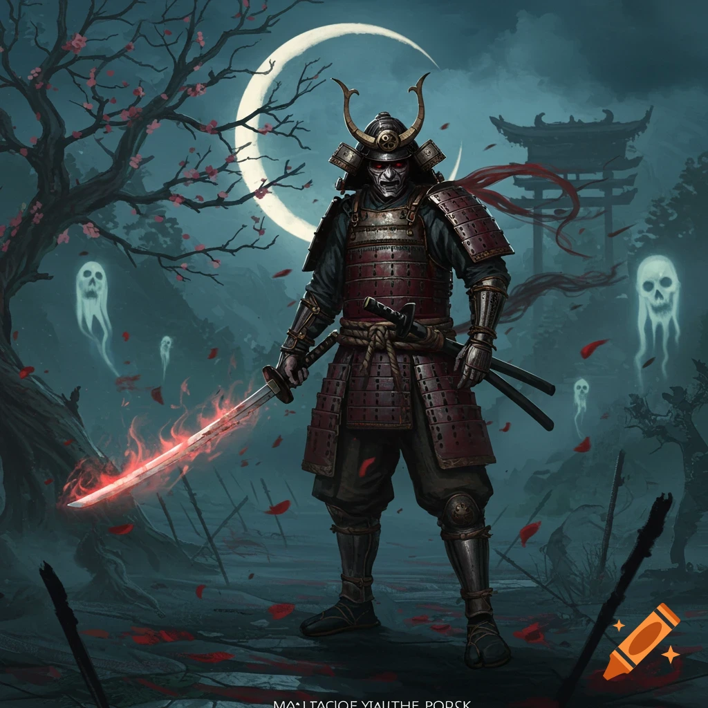 A dark fantasy art of a samurai in armor with a glowing katana, surrounded by floating ghosts under a crescent moon.
