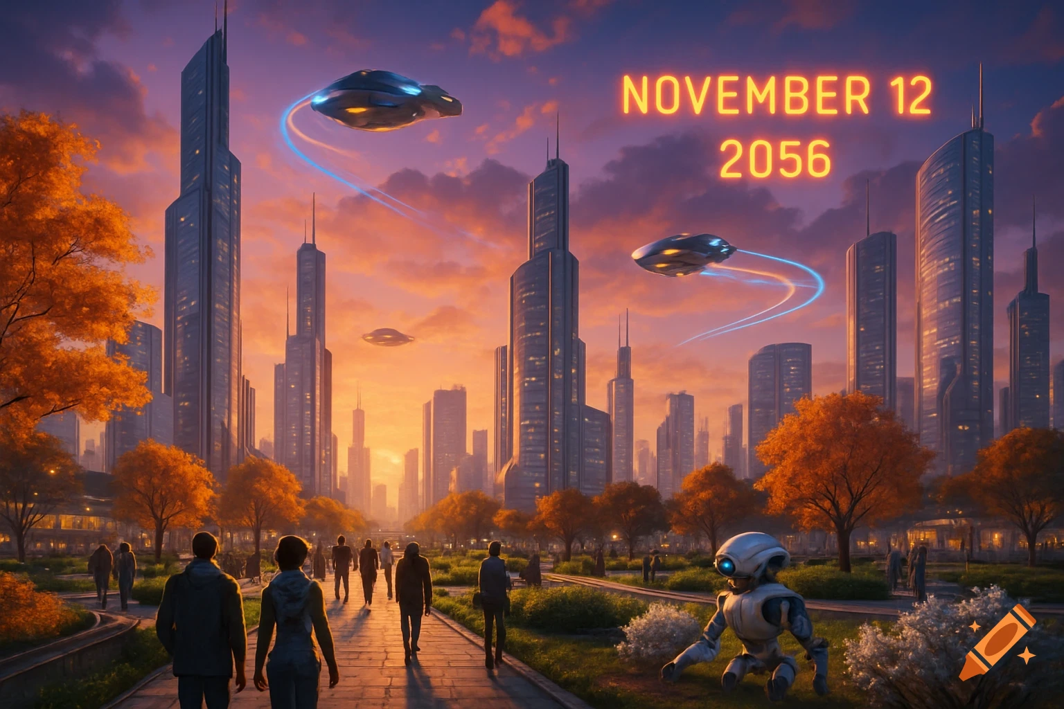 Futuristic city at sunset with towering skyscrapers, flying vehicles, people walking in a park, and a robot. Text 'November 12 2056' in the sky.