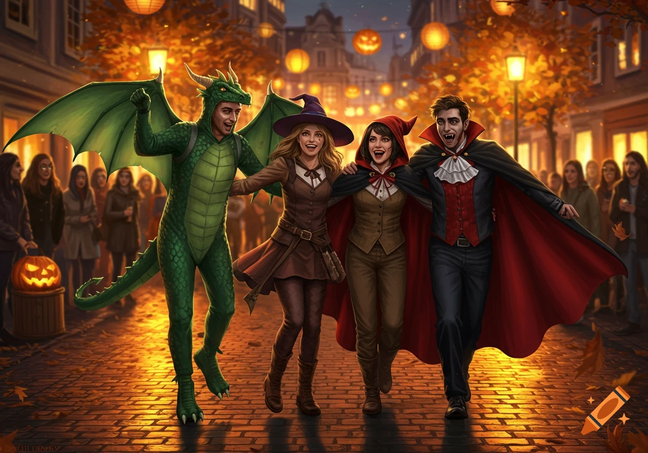 Four friends in dragon, witch, Red Riding Hood, and vampire costumes walk arm-in-arm down an autumn-decorated street at night.