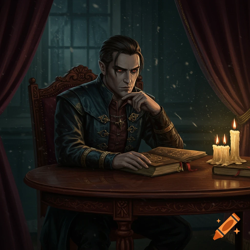 A dark-haired man with red eyes and pointed ears, dressed in a period costume, sits at a wooden table with books and lit candles in a dark, snowy room.