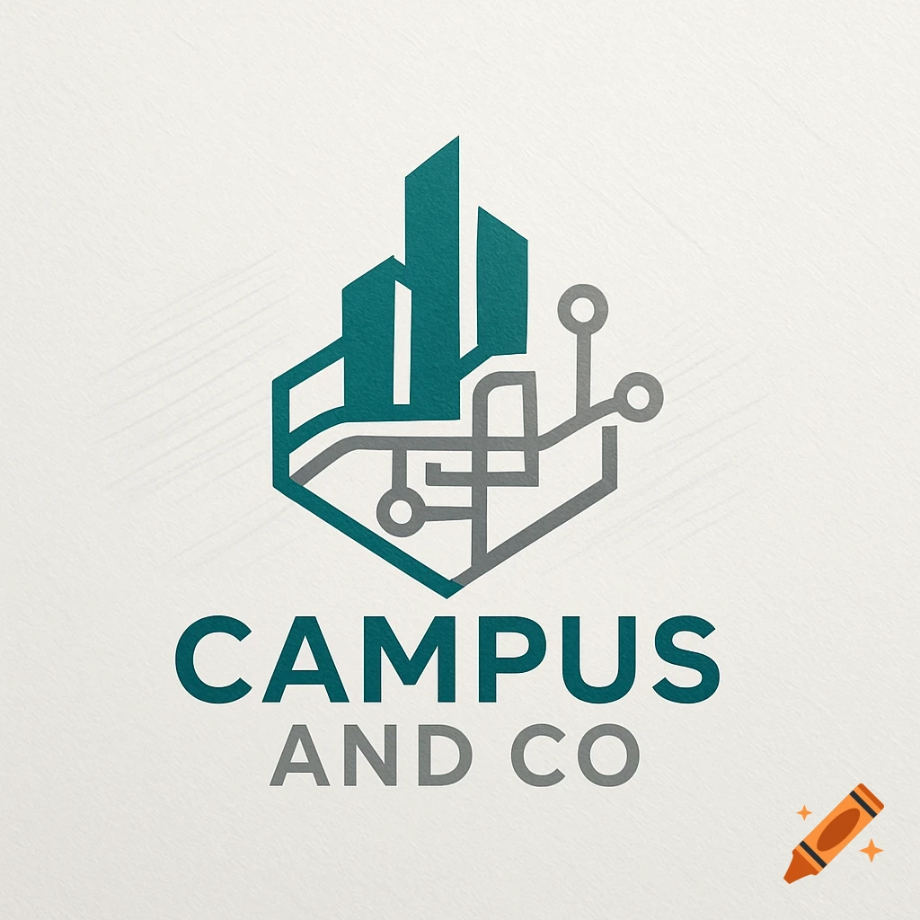 A modern logo featuring abstract teal buildings and gray circuit lines above the text 'CAMPUS AND CO' on a textured white background.