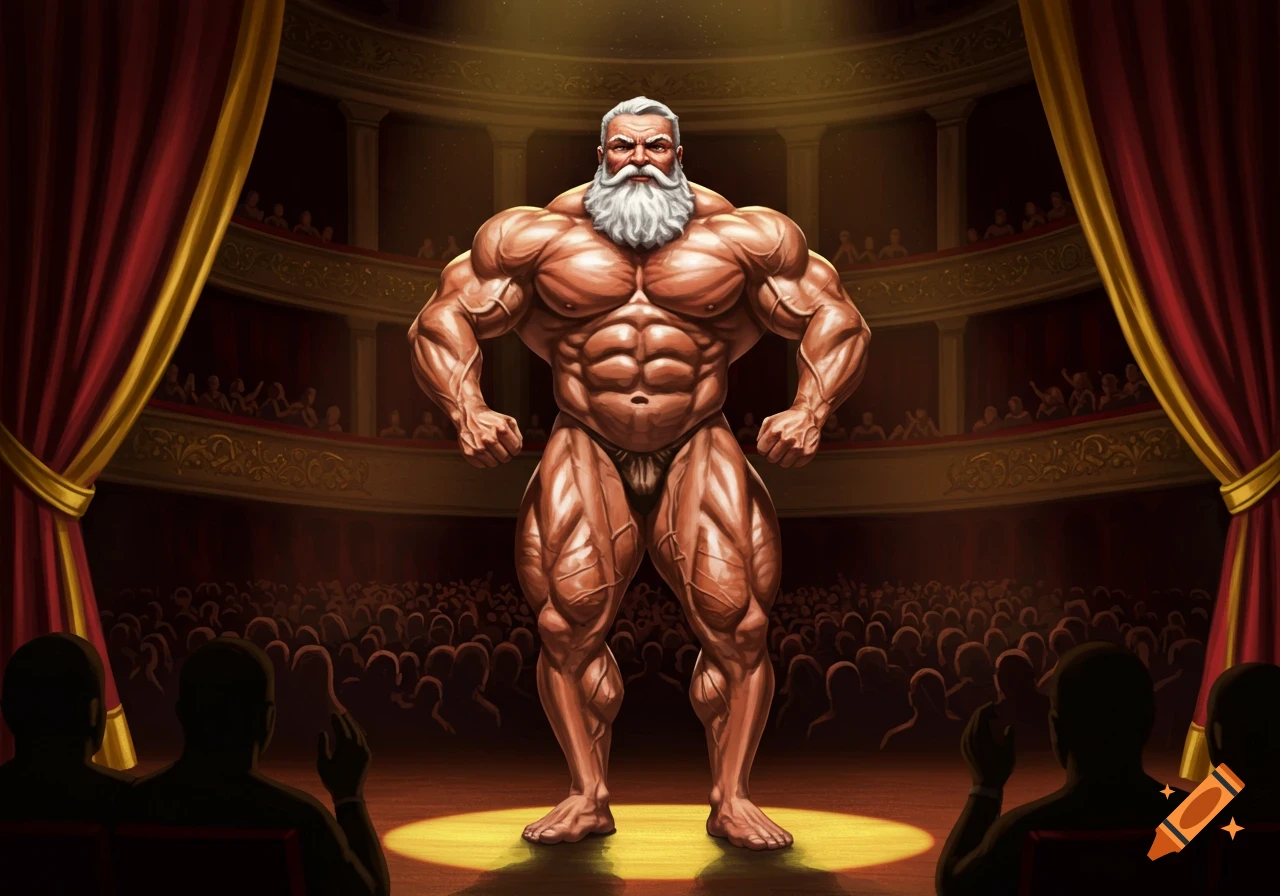 An illustration of a muscular, white-bearded bodybuilder posing on a brightly lit theater stage in front of an audience.