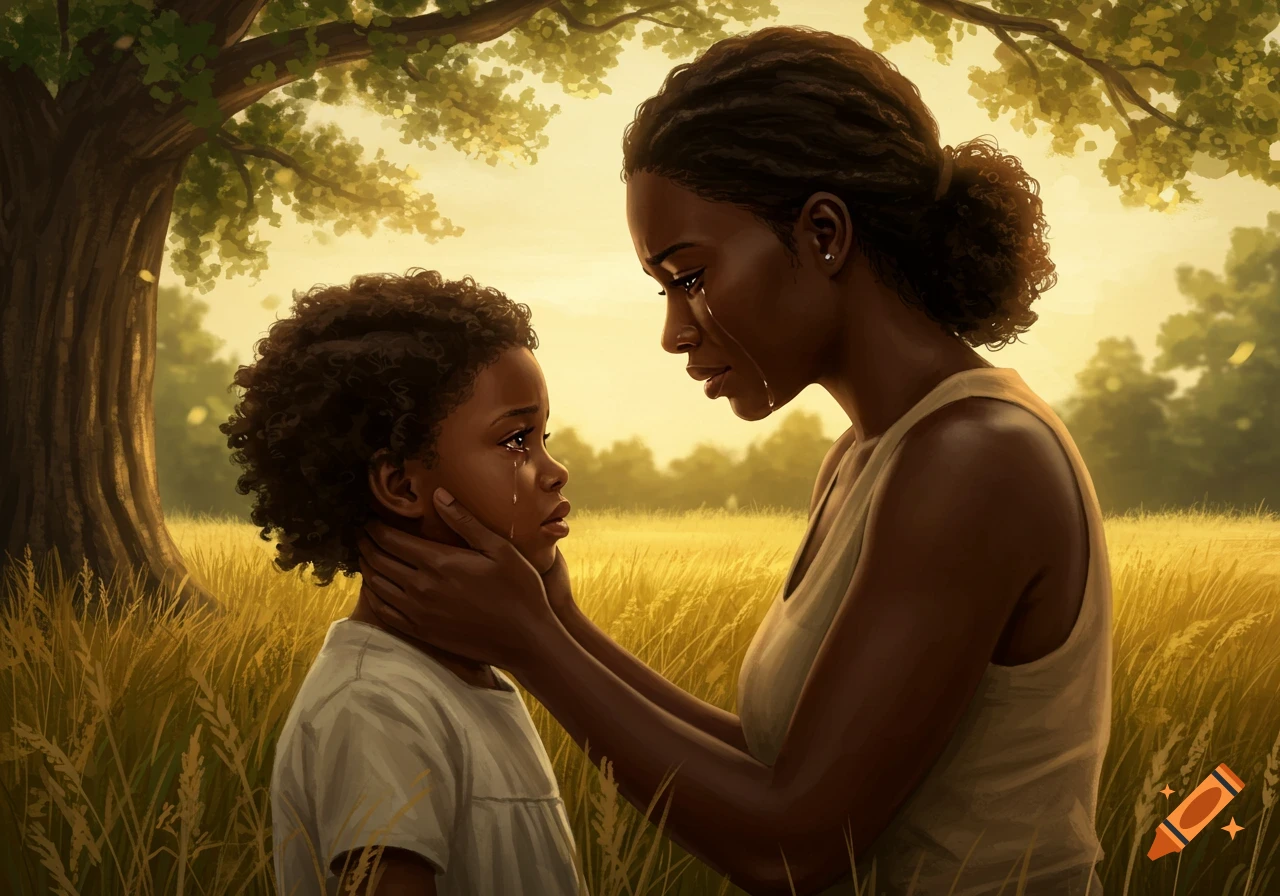 A distressed Black woman with tears holding the crying face of a young child in a sunlit field.