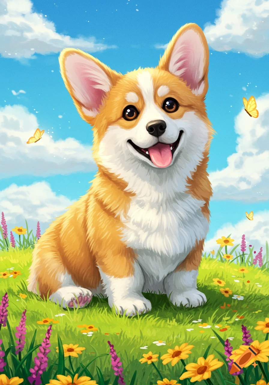 A cute, happy cartoon Corgi dog sits in a vibrant field of colorful flowers with butterflies under a blue sky.