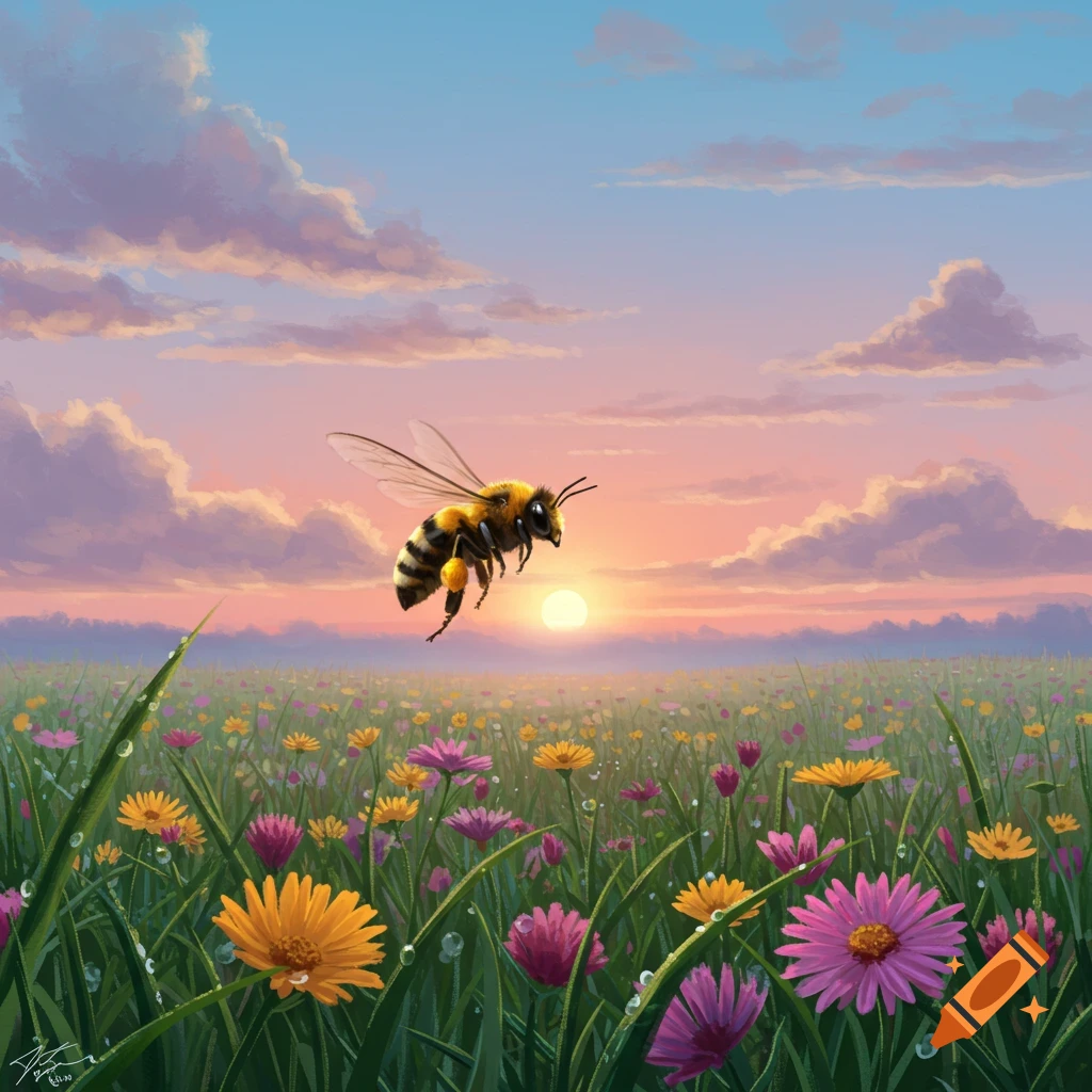 An illustrated bee flies over a vibrant meadow filled with colorful flowers under a pastel sunset sky.