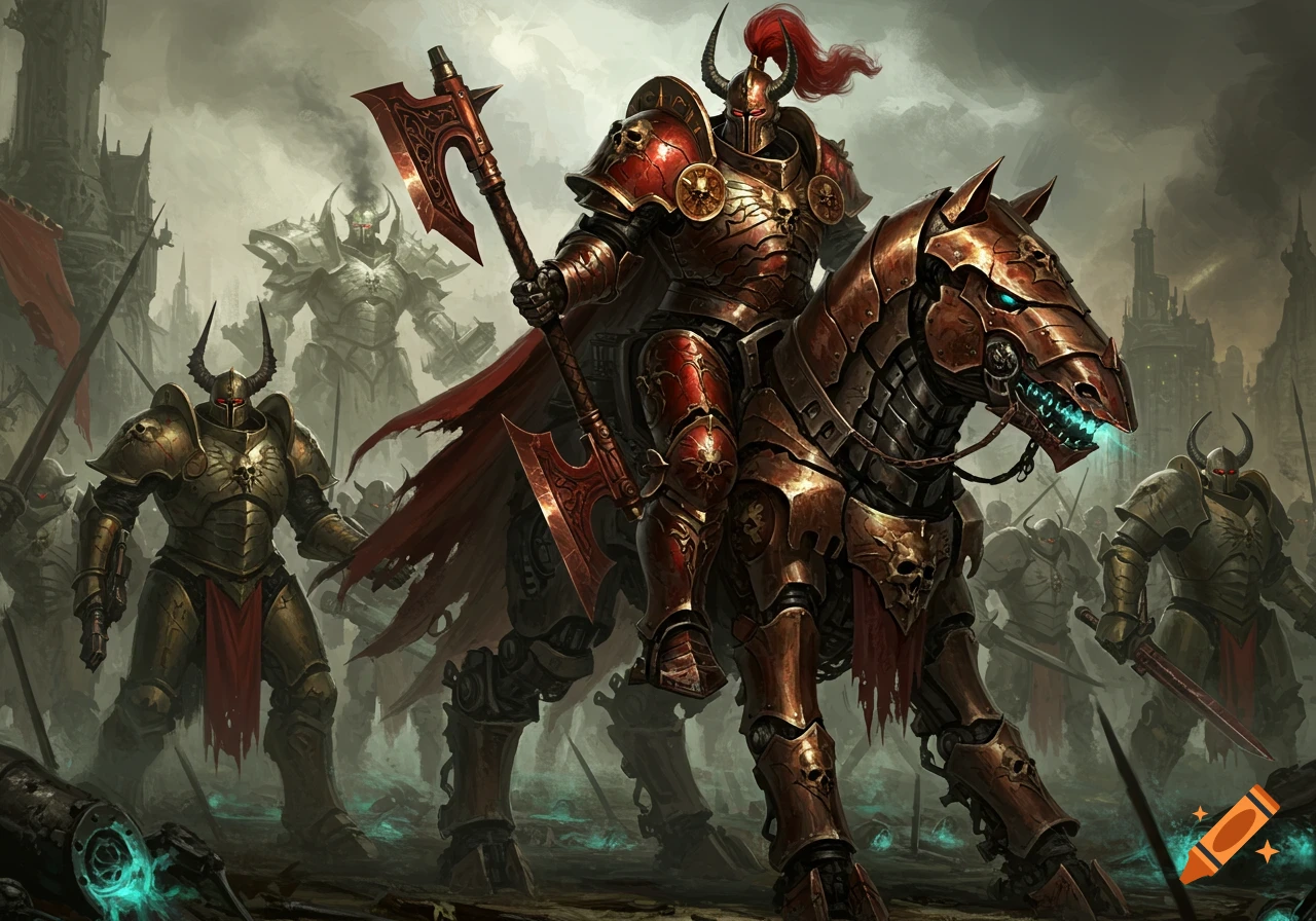 A knight in red and bronze baroque armor rides a mechanical steed, holding a serrated axe, surrounded by armored warriors on a dark battlefield.