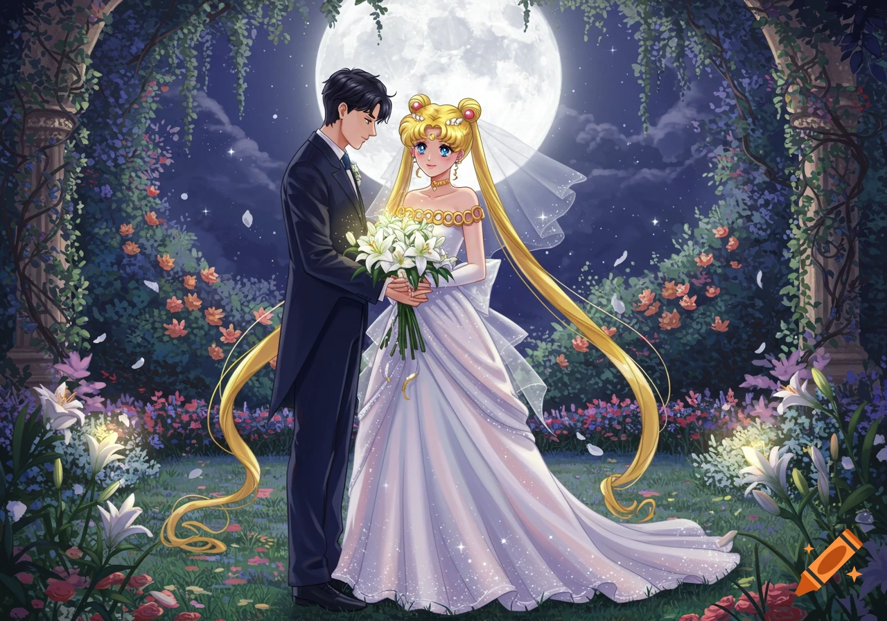 Anime illustration of Eternal Sailor Moon in a wedding dress holding lilies with Tuxedo Mask in a tuxedo in a moonlit garden.