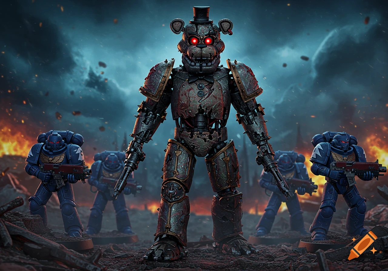 A towering, battle-damaged robotic bear with red eyes stands with blue Warhammer 40k Space Marines on a fiery, stormy battlefield.