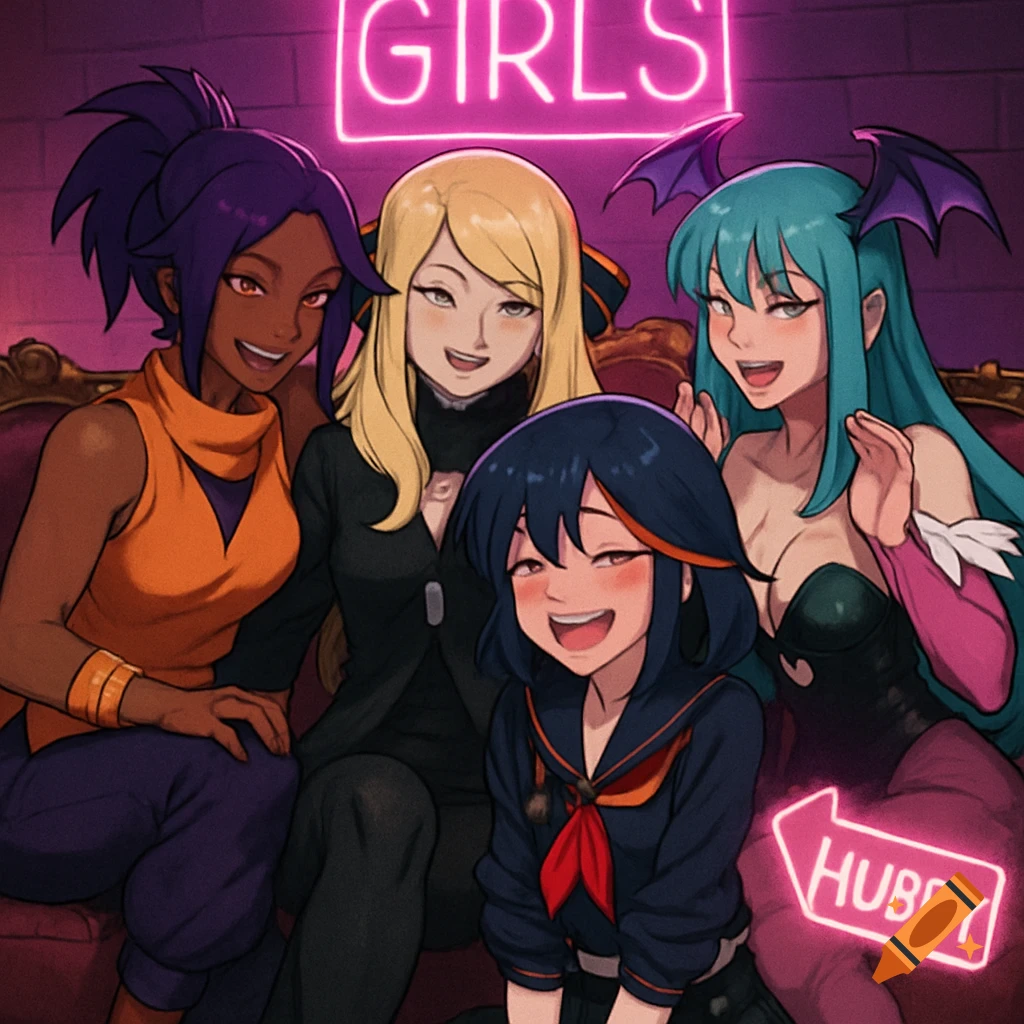 Four anime characters pose on a couch with neon signs: Yoruichi, Cynthia, Morrigan, and Ryuko Matoi pointed at by "HUBBY".