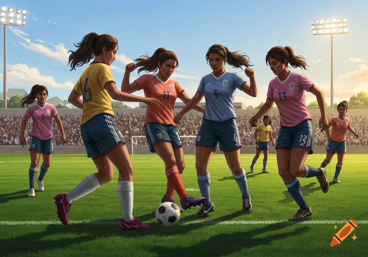 Illustrated scene of women playing soccer on a green field in a stadium, with a crowd and bright lights.