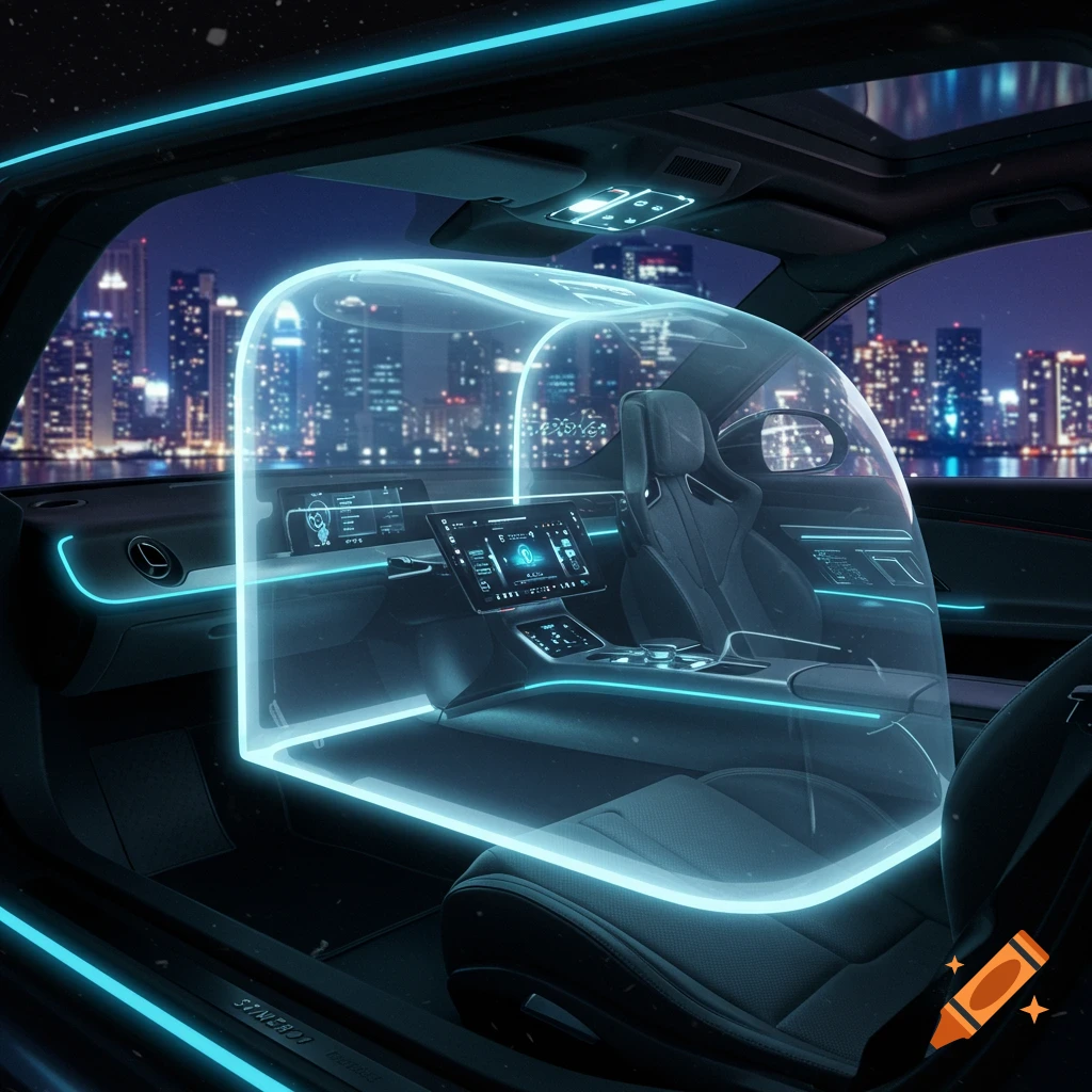 A futuristic car interior at night with a glowing transparent safety enclosure and digital screens, overlooking a city skyline.