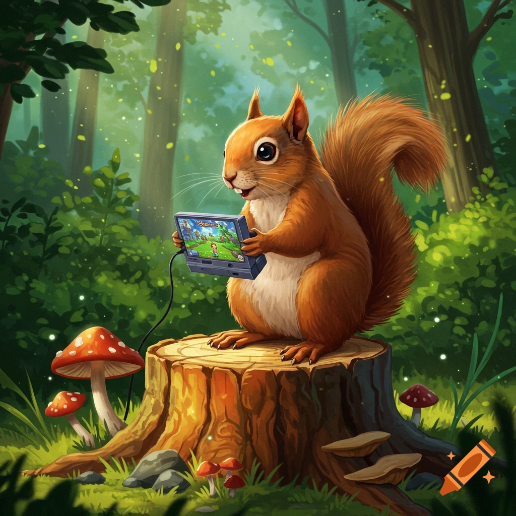 A whimsical cartoon squirrel sits on a tree stump in a magical forest, intently playing a handheld video game.