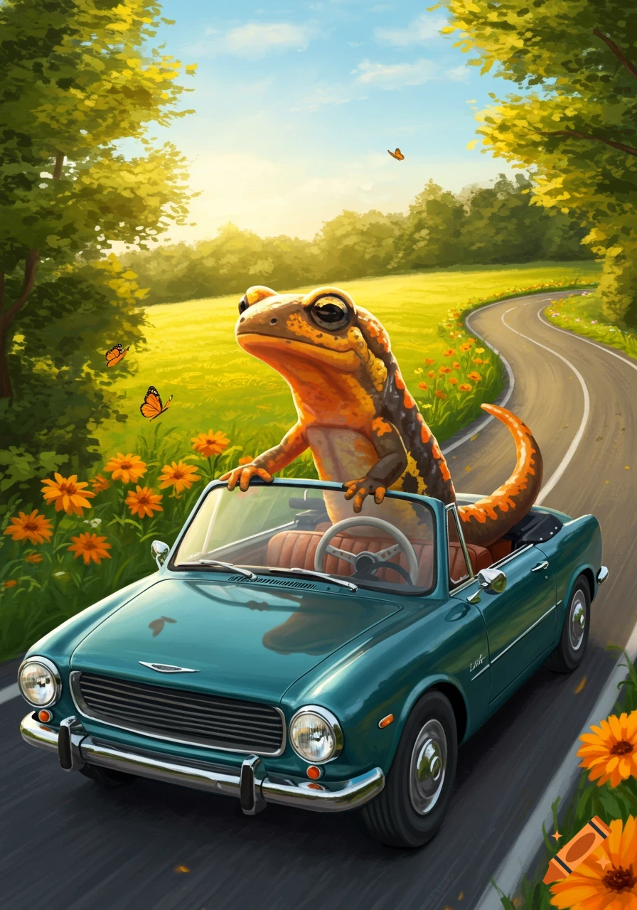 A large orange salamander drives a teal convertible on a winding road through a sunny, green landscape with trees and flowers.