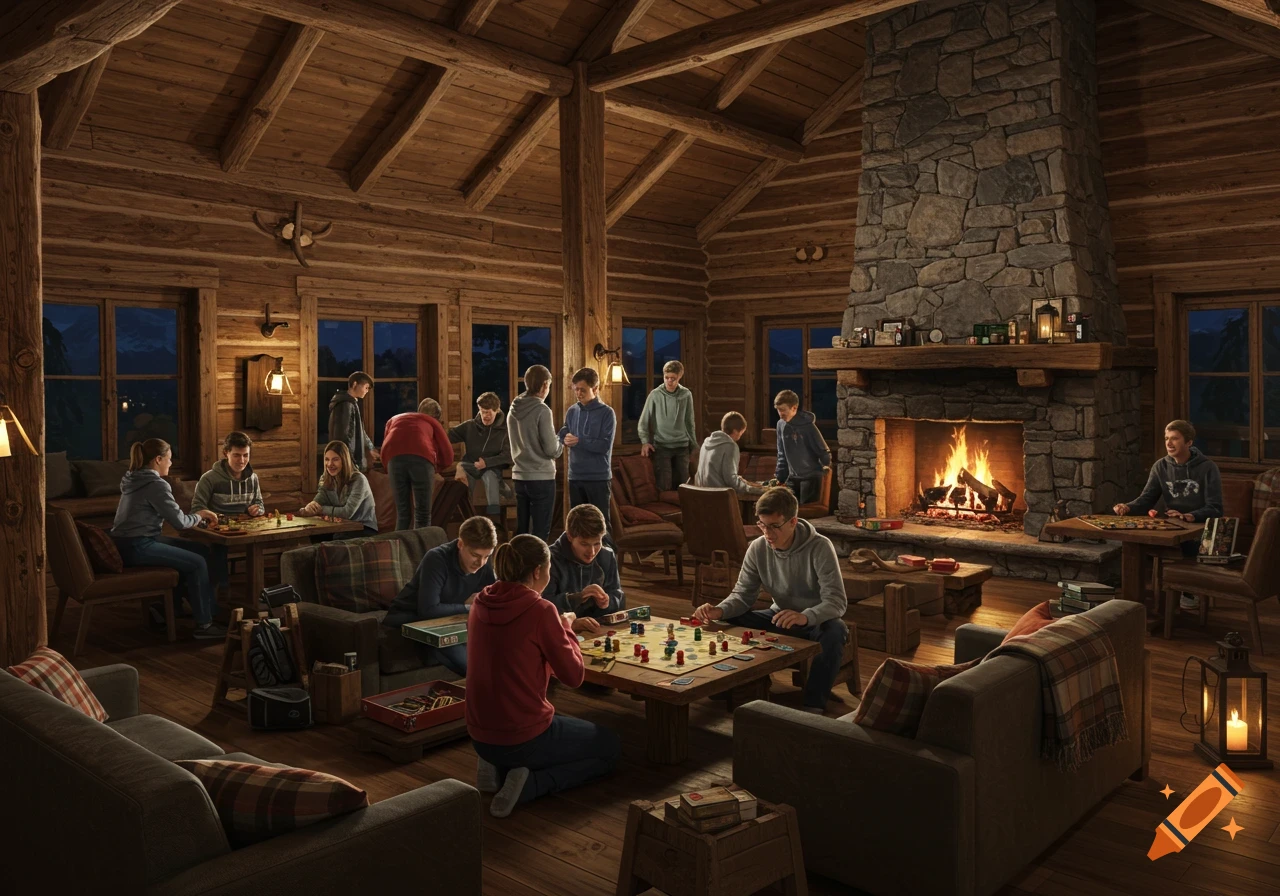Teenagers play board games in a warm, log cabin common room with a fireplace, in a semi-realistic style.