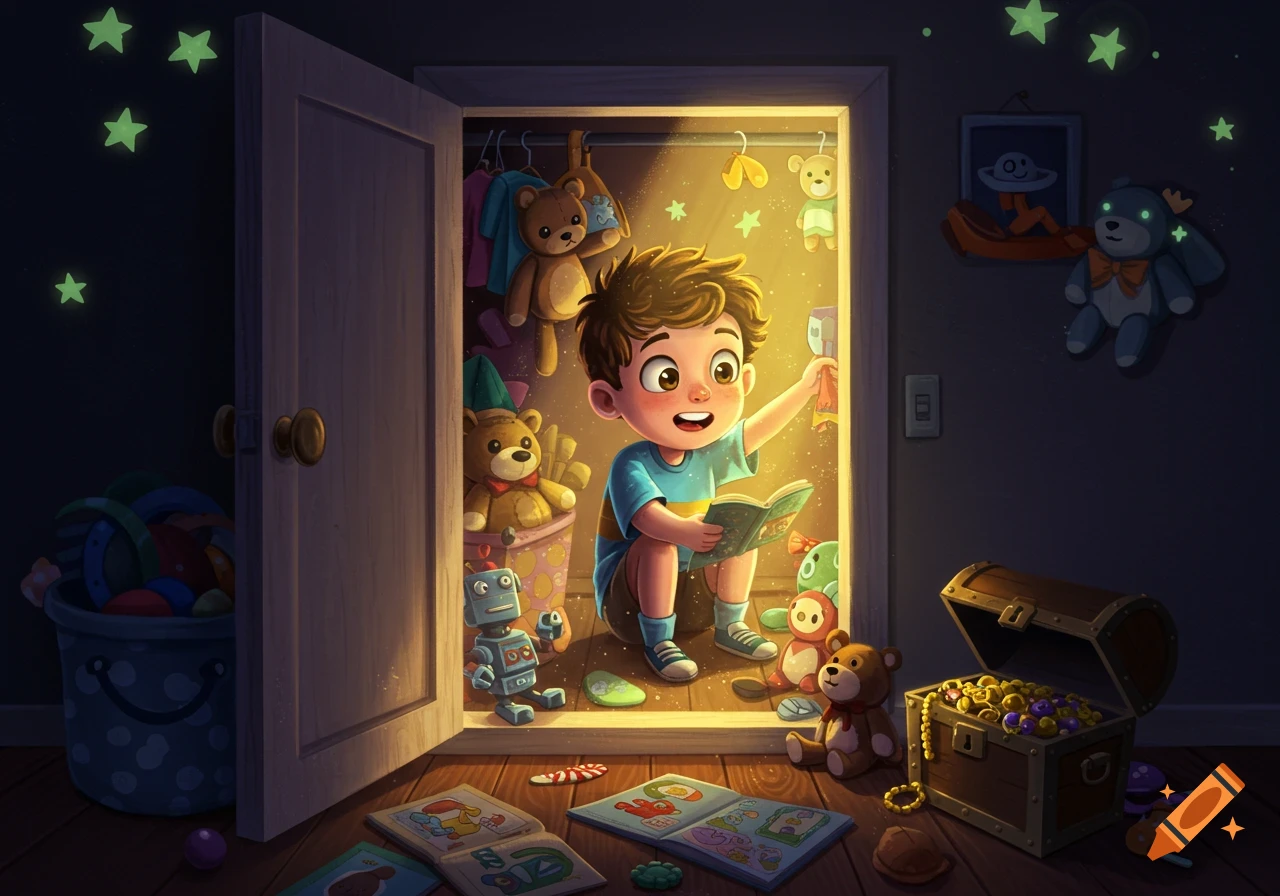 A boy sits in a brightly lit closet surrounded by toys, reading a glowing book, in a whimsical illustration.