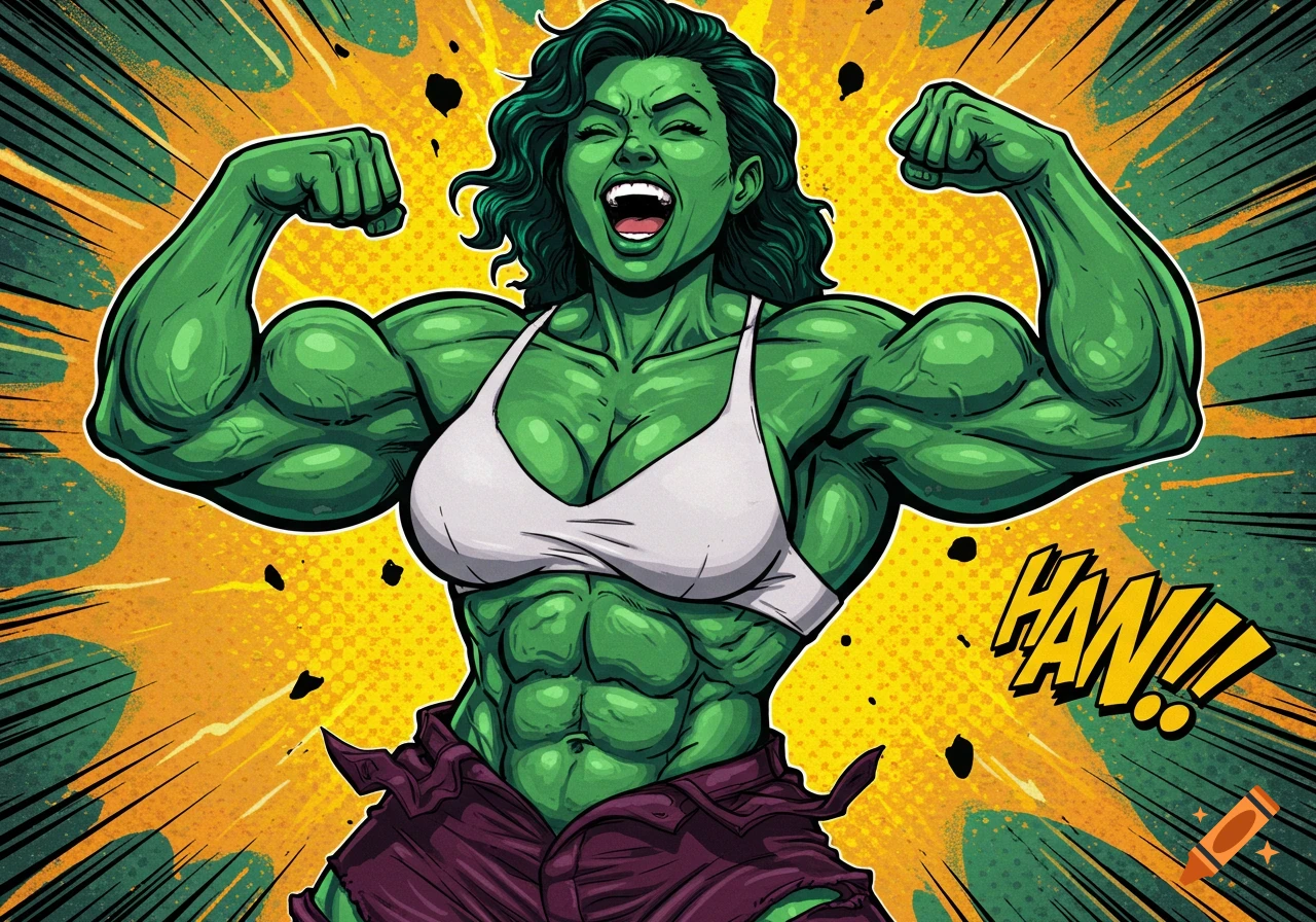 Green muscular woman in a white bra and torn pants flexing, laughing in a vibrant comic book illustration style.