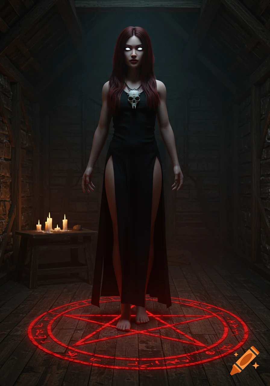 A pale woman with glowing white eyes and long red hair stands barefoot on a red pentagram in a dark, old hut. She wears a black, high-slit dress and a skull necklace.