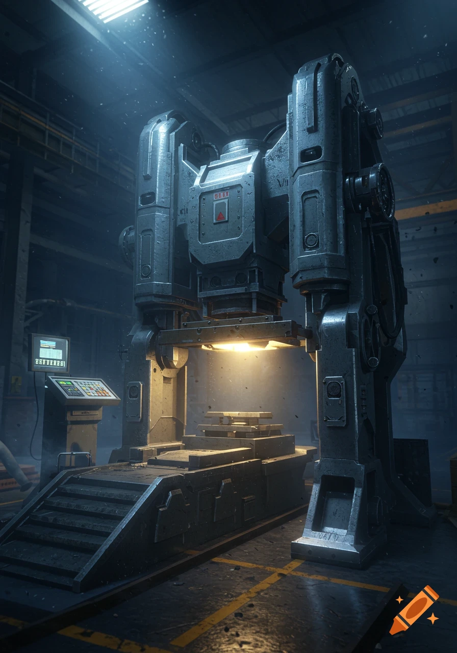 A large, detailed industrial hydraulic press with glowing light, in a dimly lit factory.