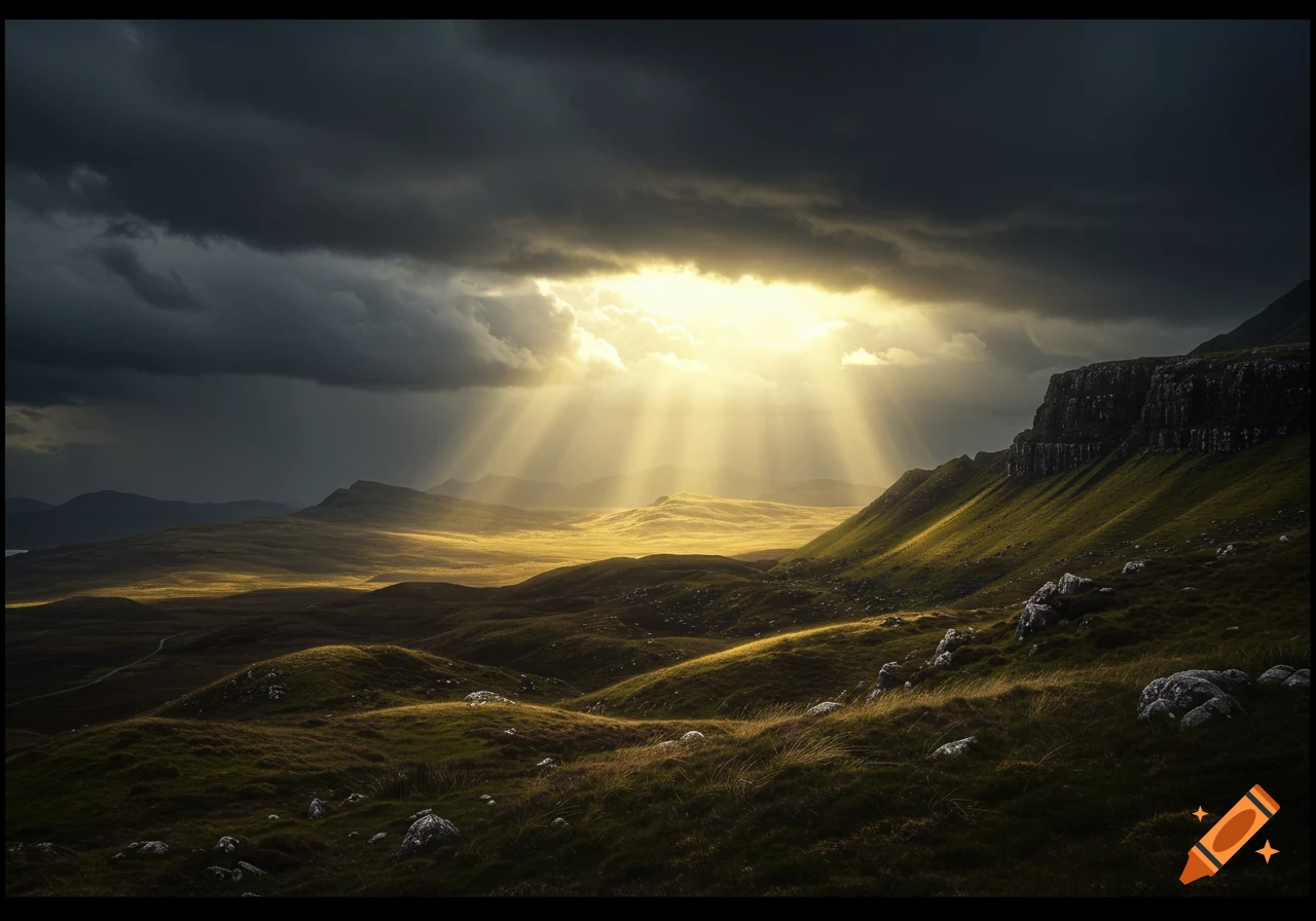 Dramatic landscape with sunrays breaking through dark stormy clouds over green rolling hills.
