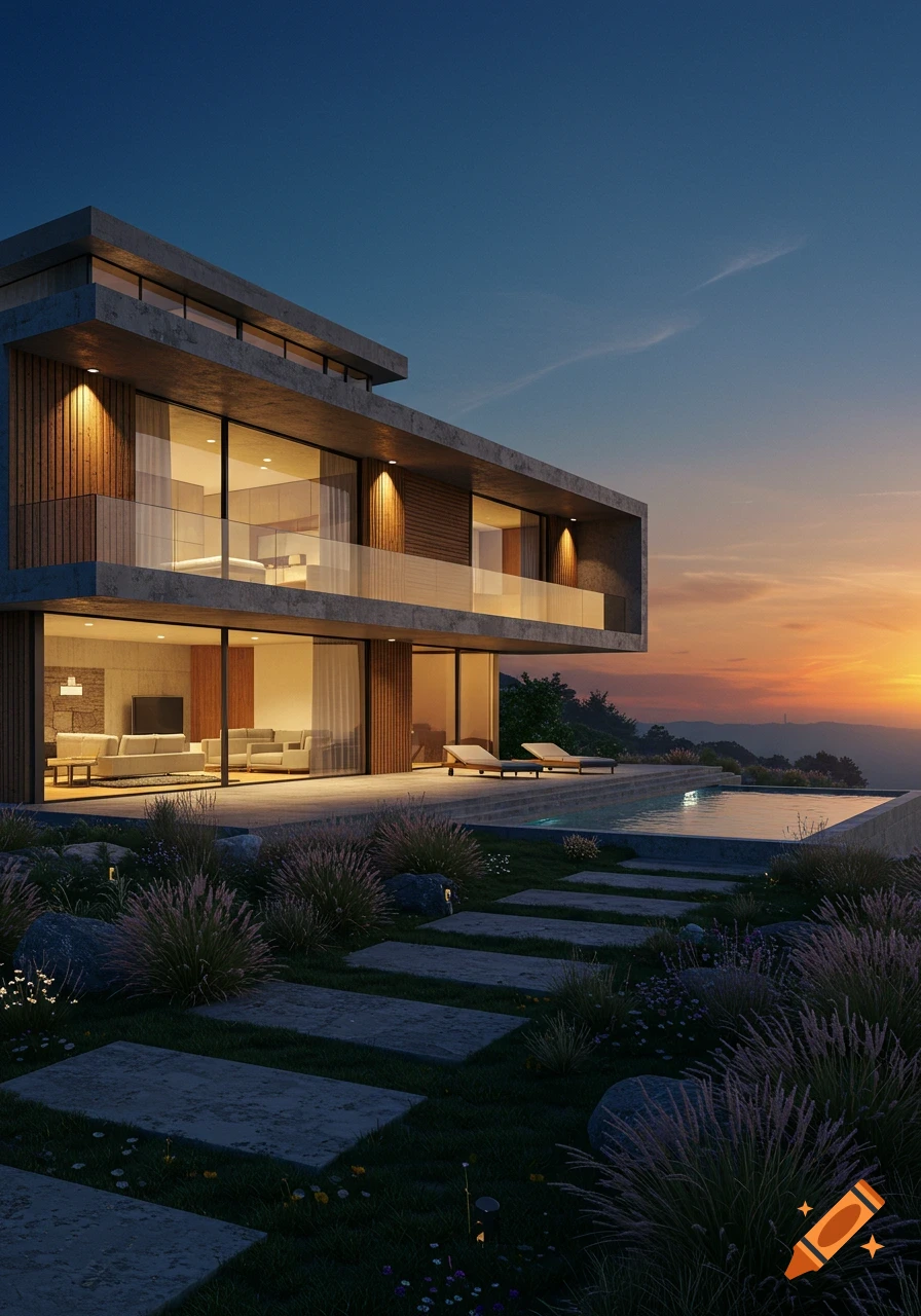 Modern house with concrete and wood, large windows, infinity pool, and landscaped yard at sunset.