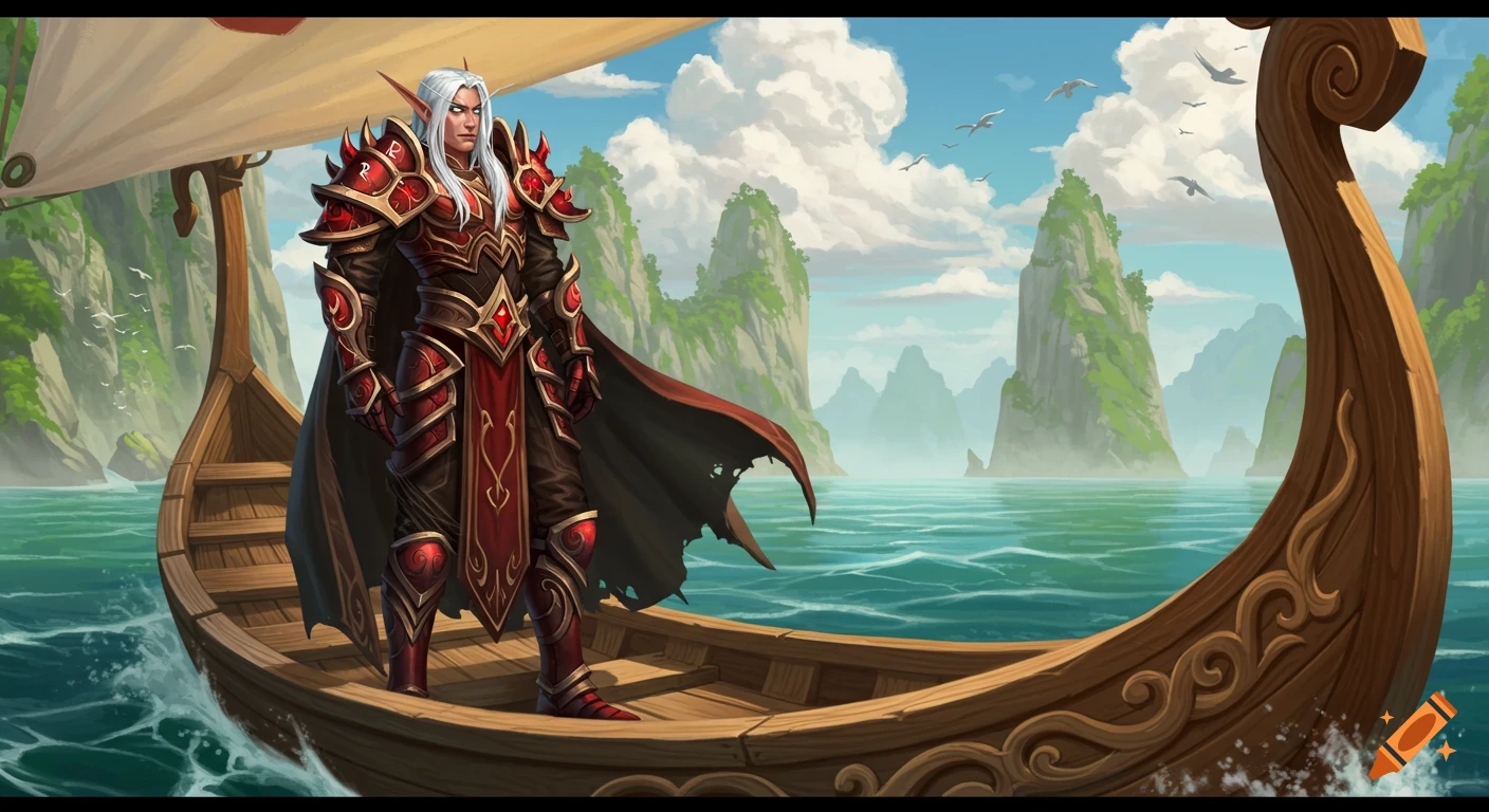 A fantasy male elf in red and black ornate armor stands on a wooden sailboat, sailing past lush green rocky islands in a blue sea under a cloudy sky.