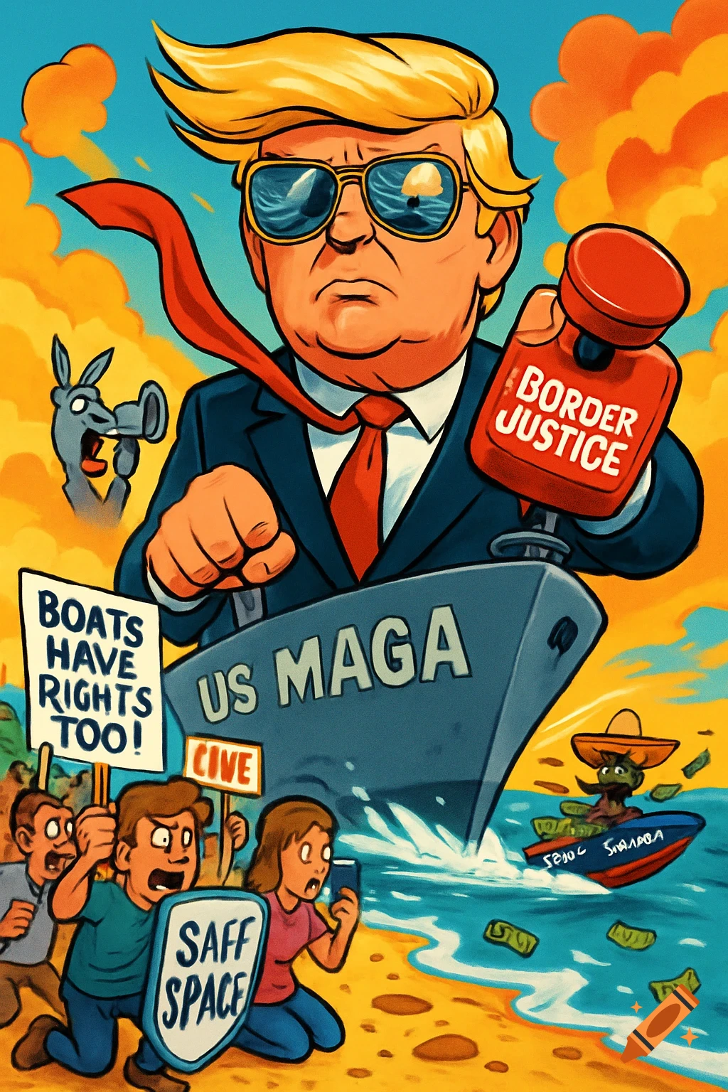 A political cartoon showing a caricature of Donald Trump on a battleship, holding a "Border Justice" detonator. Protesters with signs like "Boats Have Rights Too!" and a "Saff Space" shield are on the beach.