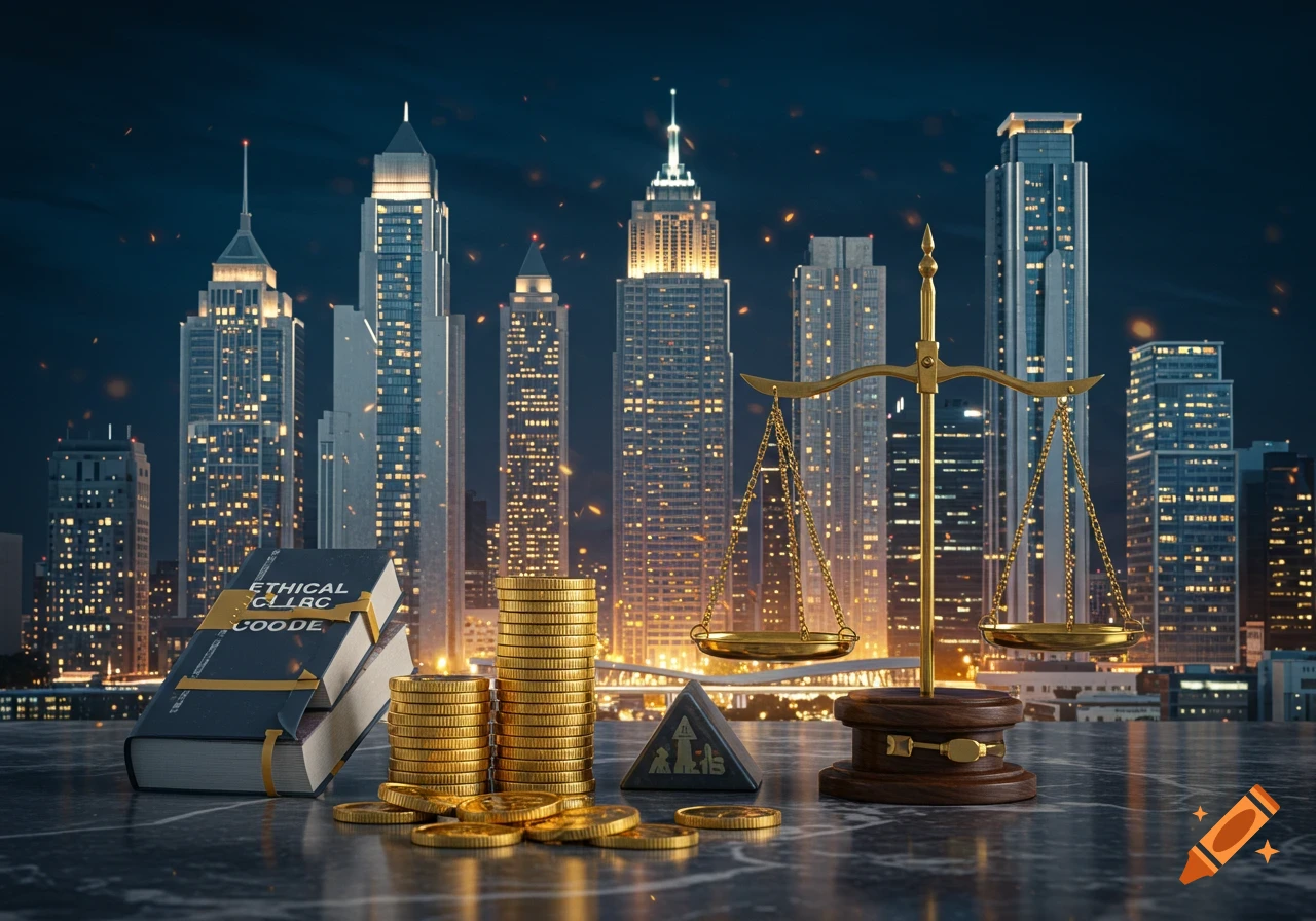 A nighttime cityscape with skyscrapers in the background. In the foreground are stacked gold coins, a stack of books titled 'ETHICAL CLCLRC COODE', and a golden scale of justice on a marble surface.