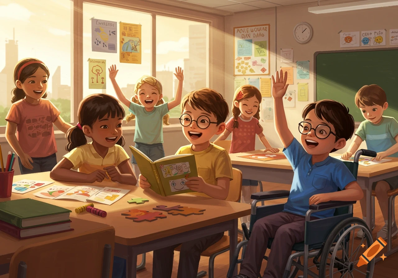 A diverse group of cheerful children in a bright classroom, some raising hands, one reading, one in a wheelchair.
