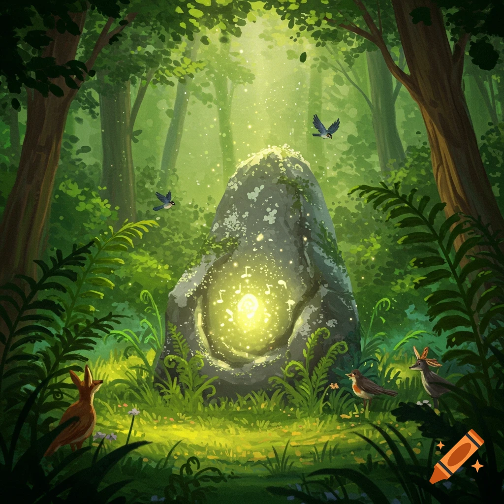An illustrative magical forest with a glowing mossy runestone emitting musical notes. Birds and small animals observe in lush green foliage.
