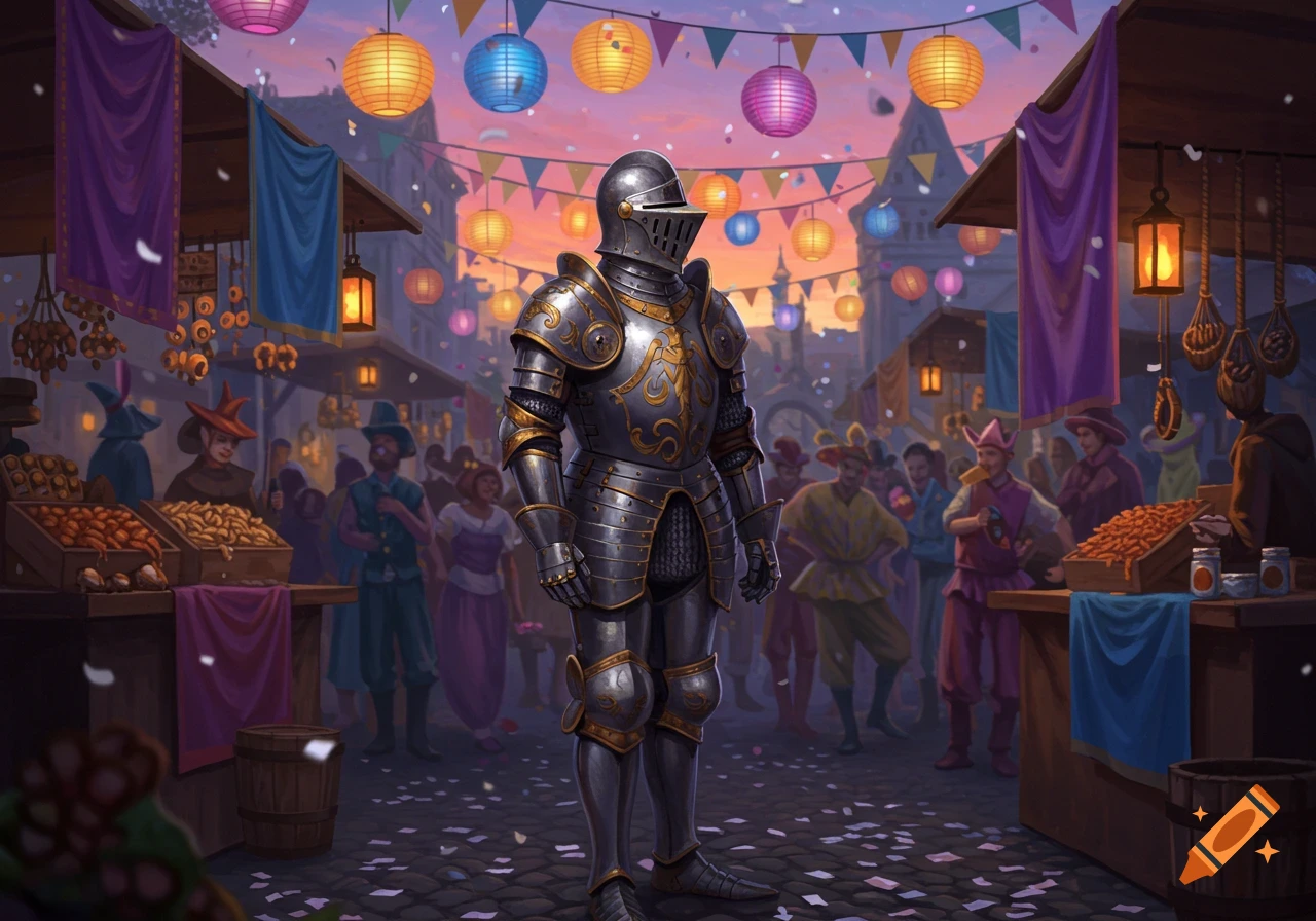 An armored knight stands in a vibrant medieval market decorated with colorful lanterns and confetti, surrounded by people.
