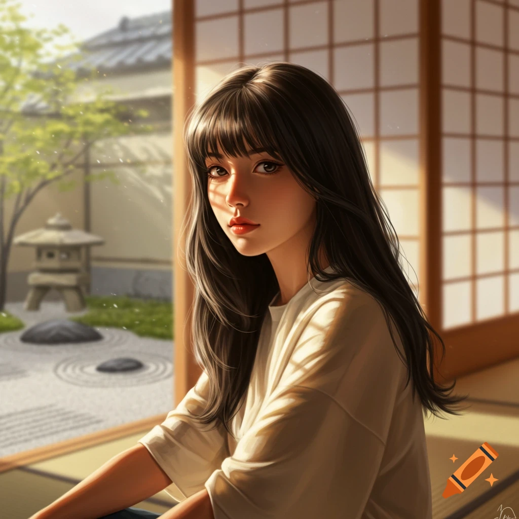 Digital painting of a woman with long dark hair by a window, warm sunlight on her face, overlooking a Japanese garden.