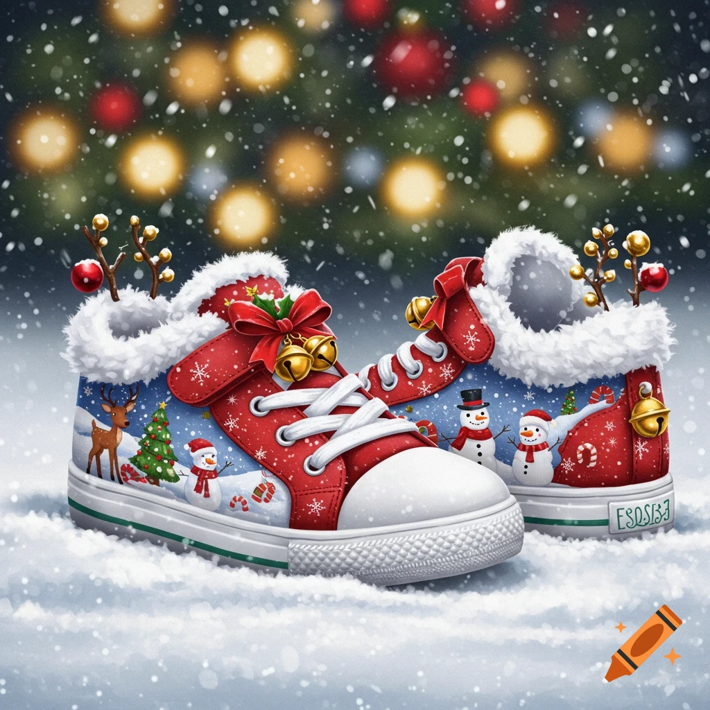 A pair of red and blue Christmas-themed sneakers with white fur lining, decorated with deer, snowmen, and Christmas trees, standing in snow with festive lights in the background.