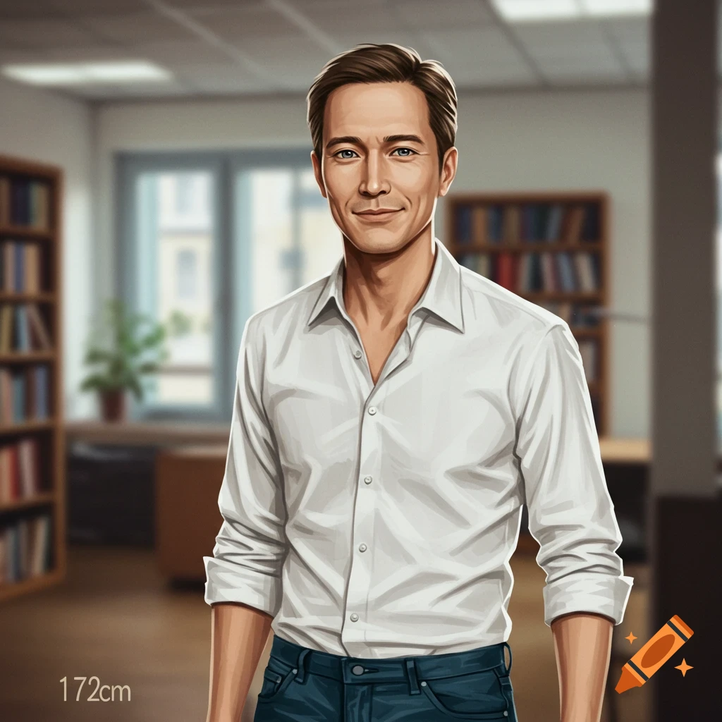 A stylized illustration of a smiling man with short brown hair, wearing a white shirt and jeans, standing in an office library.