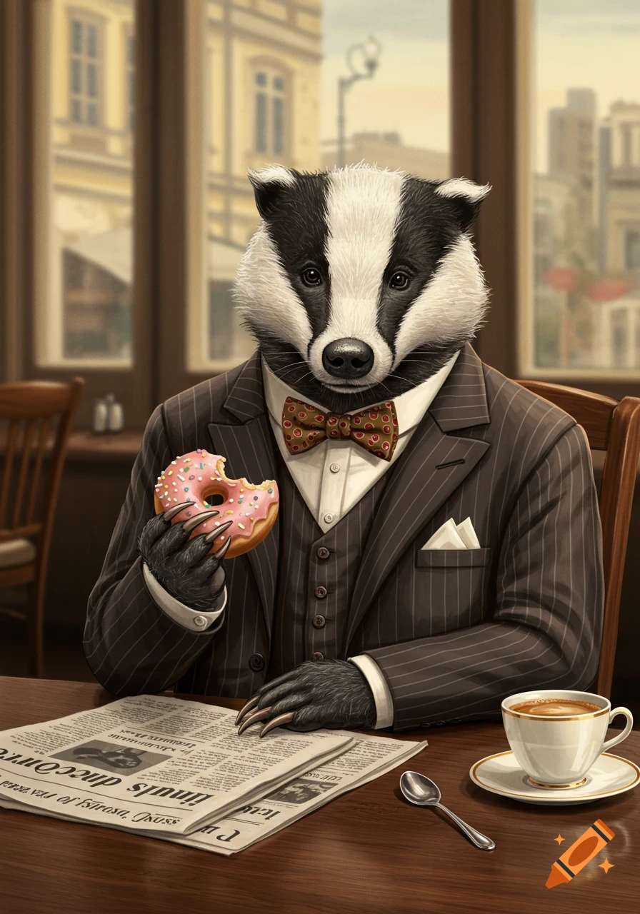 A dapper badger in a pinstripe suit and bow tie sits at a cafe table, eating a pink sprinkled donut and reading a newspaper.