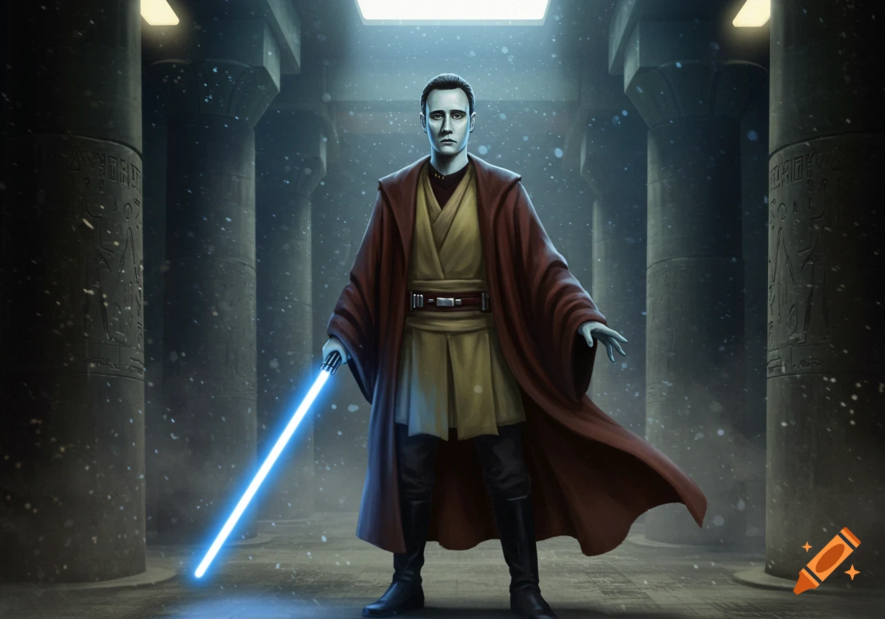 A man resembling Commander Data dressed as a Jedi, holding a blue lightsaber in a dark, snowy temple.